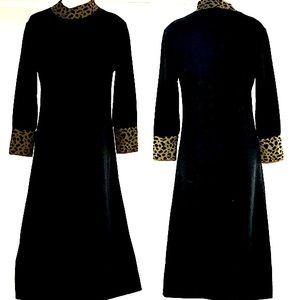 Black Long Sleeve Bodycon Knit Dress animal Print trim with matching wrap
